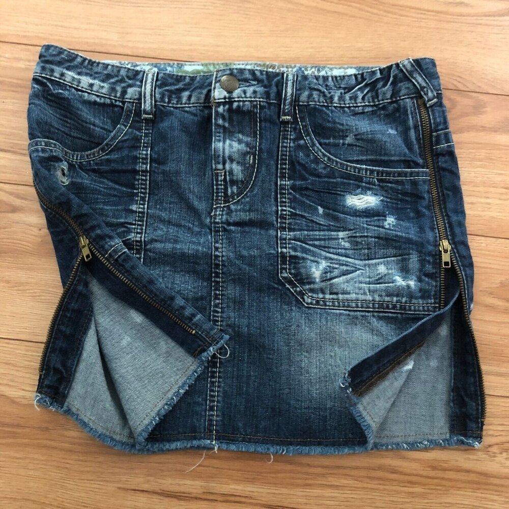 💙 GUESS Double Zipper Mini Skirt Women's 29 Distressed Denim Zip Sexy Pockets